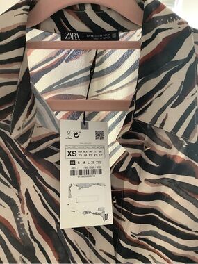 Zara Striped Button-Down Blouse in Cream, Black & Rust
